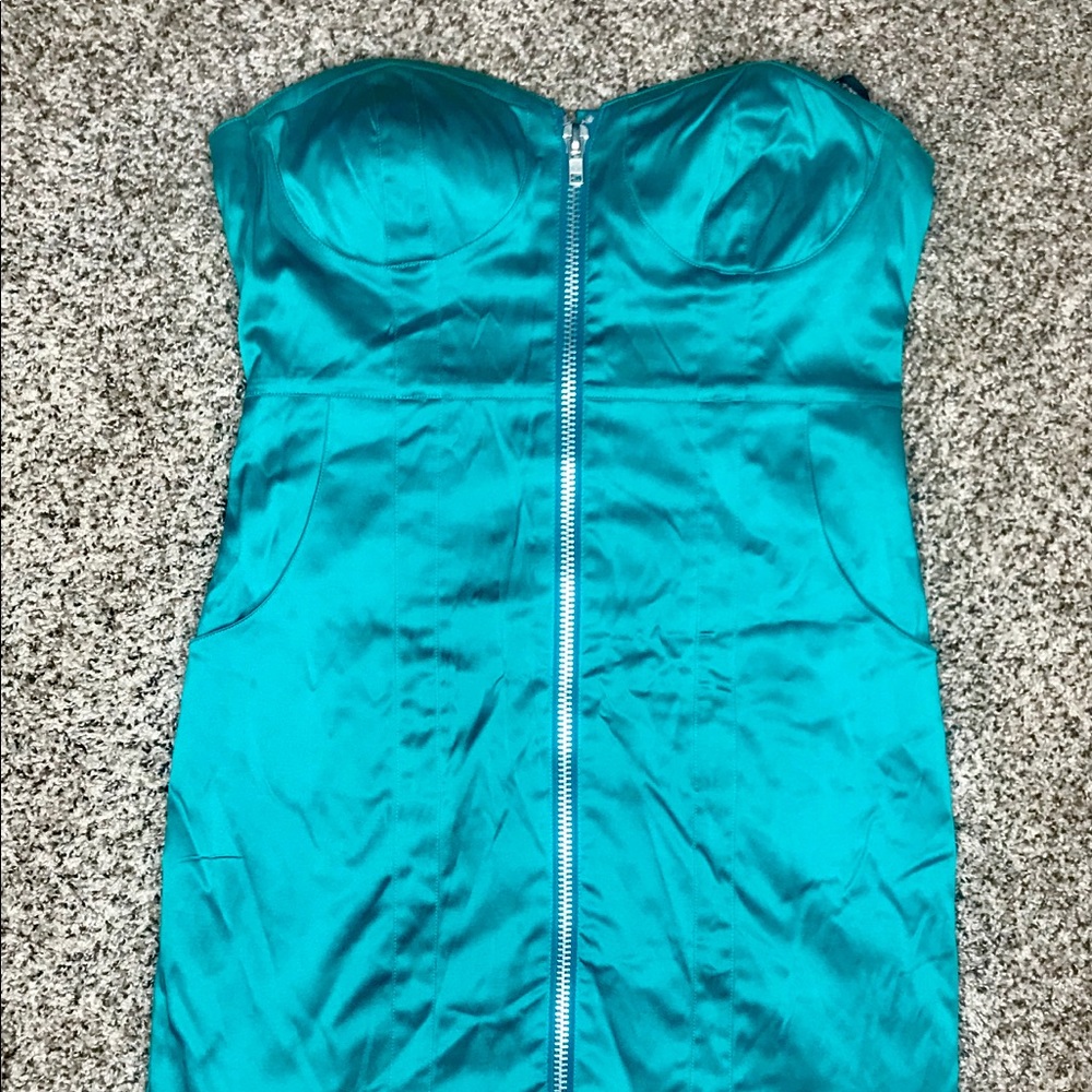 Teal Party Cocktail Dress. Strapless. Zipper Front